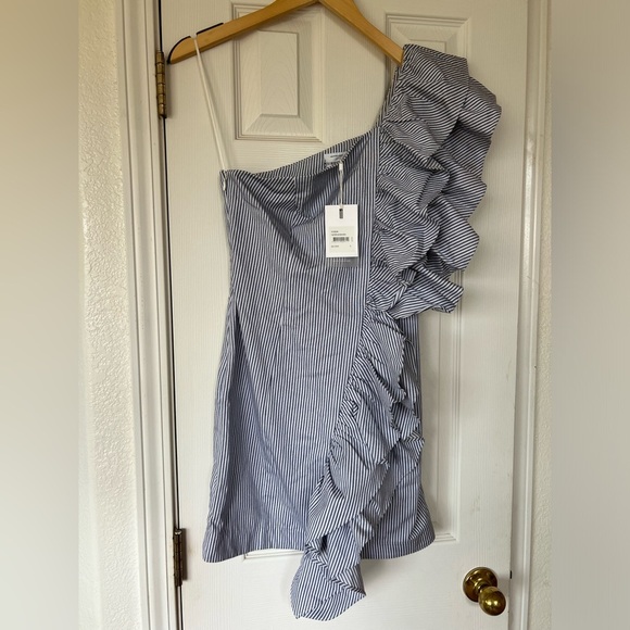 C/MEO collective Revolve one shoulder ruffle mini stripe dress size Small NWT - Picture 3 of 11
